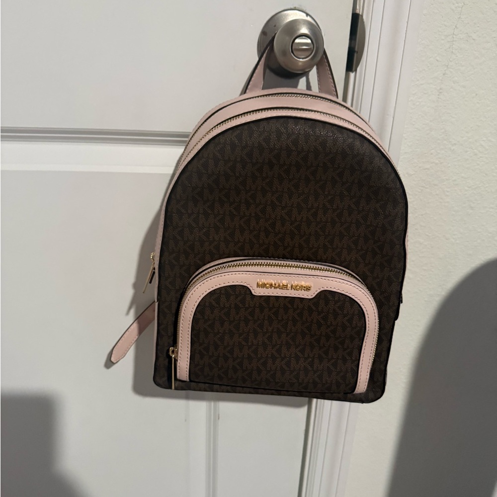 Michael Kors Brown Logo Mini Backpack with Pink Trim